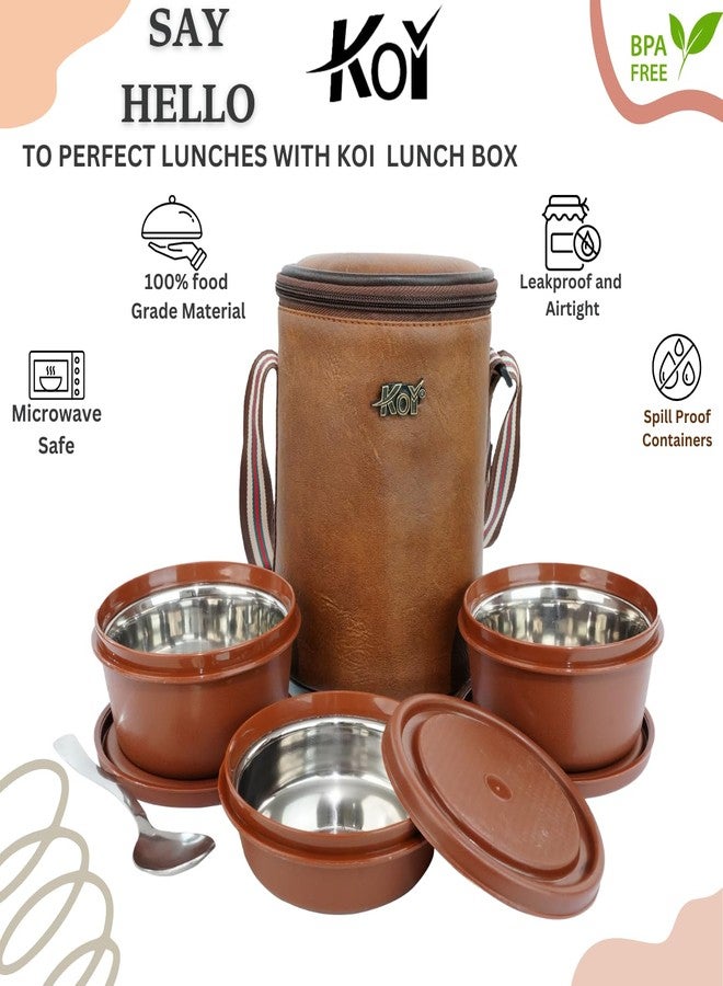 KOI Executive Lunch Box, Microwave Safe, 3 Inside Steel Container with BPA Free Lids (290ml, 450ml, 600ml, Steel Cutlery - (Mempish Brown) - Image 2